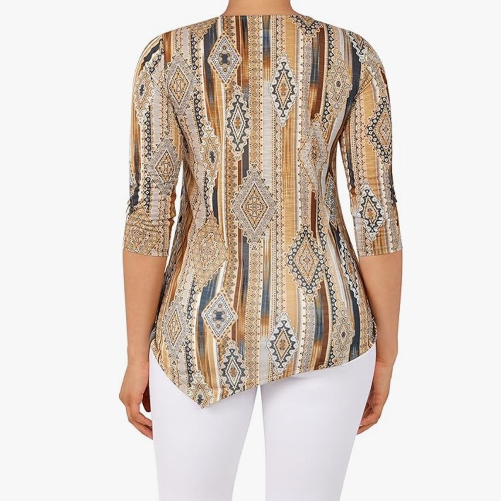 Ruby Rd. Striped Geometric Print 3/4 Sleeve Top in Tan & Brown - Picture 2 of 2